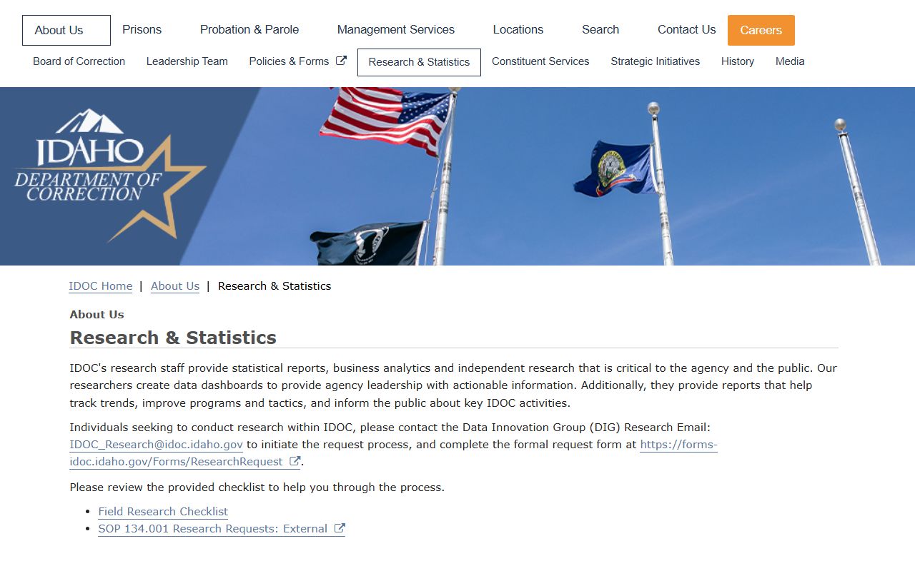 IDOC Research and Statistics page for Idaho inmate population reports