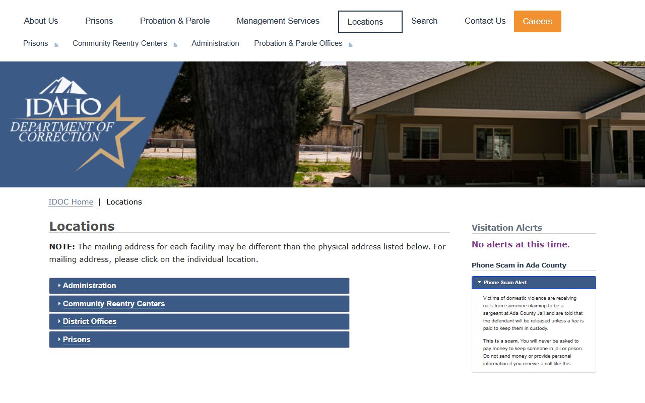 IDOC locations page listing Idaho prisons reentry centers and district offices