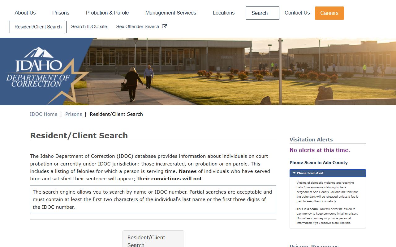 IDOC Resident Client Search form for Idaho inmate lookup