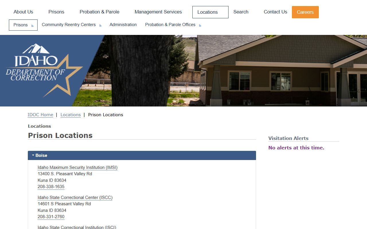 IDOC prison locations page listing Idaho state prisons