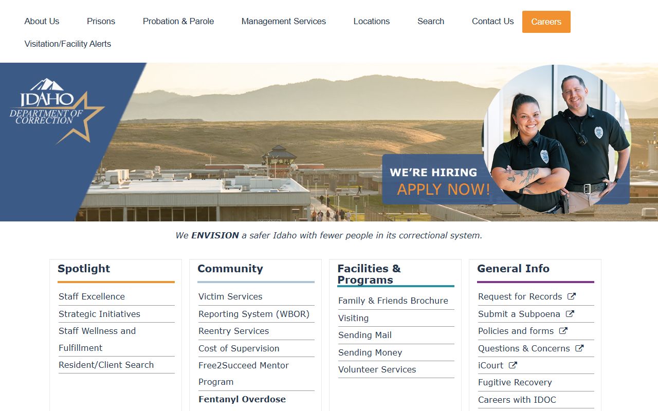 Idaho Department of Correction homepage for Idaho inmate population search