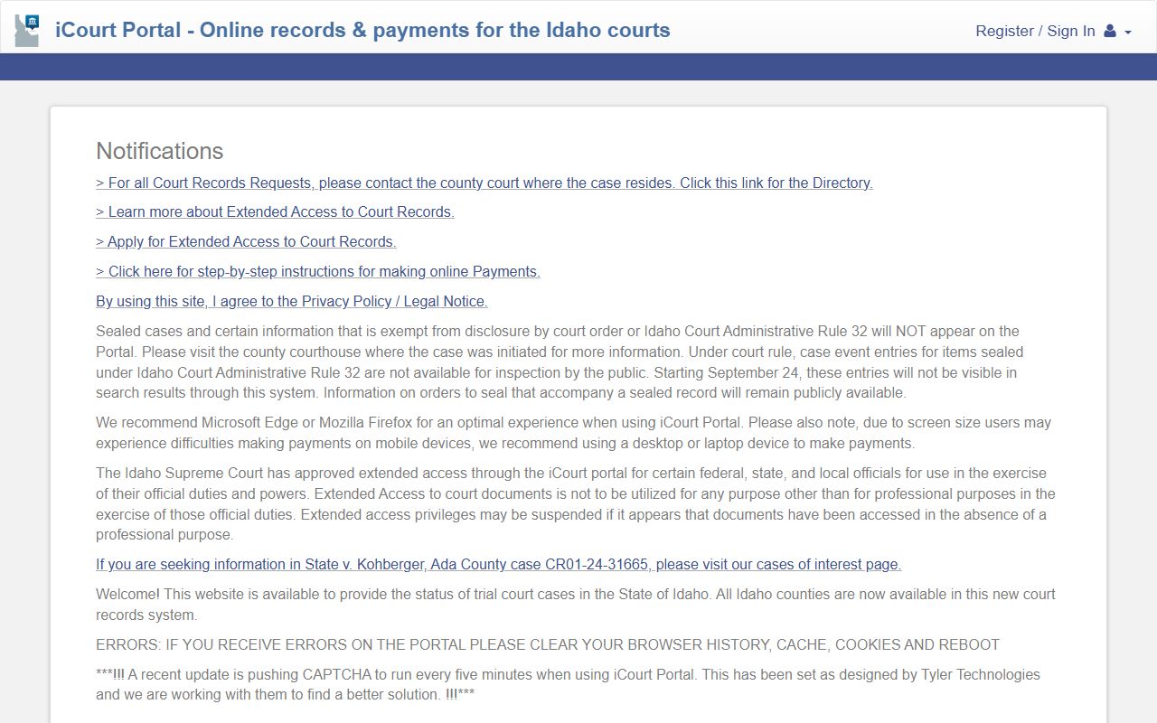 Idaho iCourt Odyssey Portal for statewide court case search