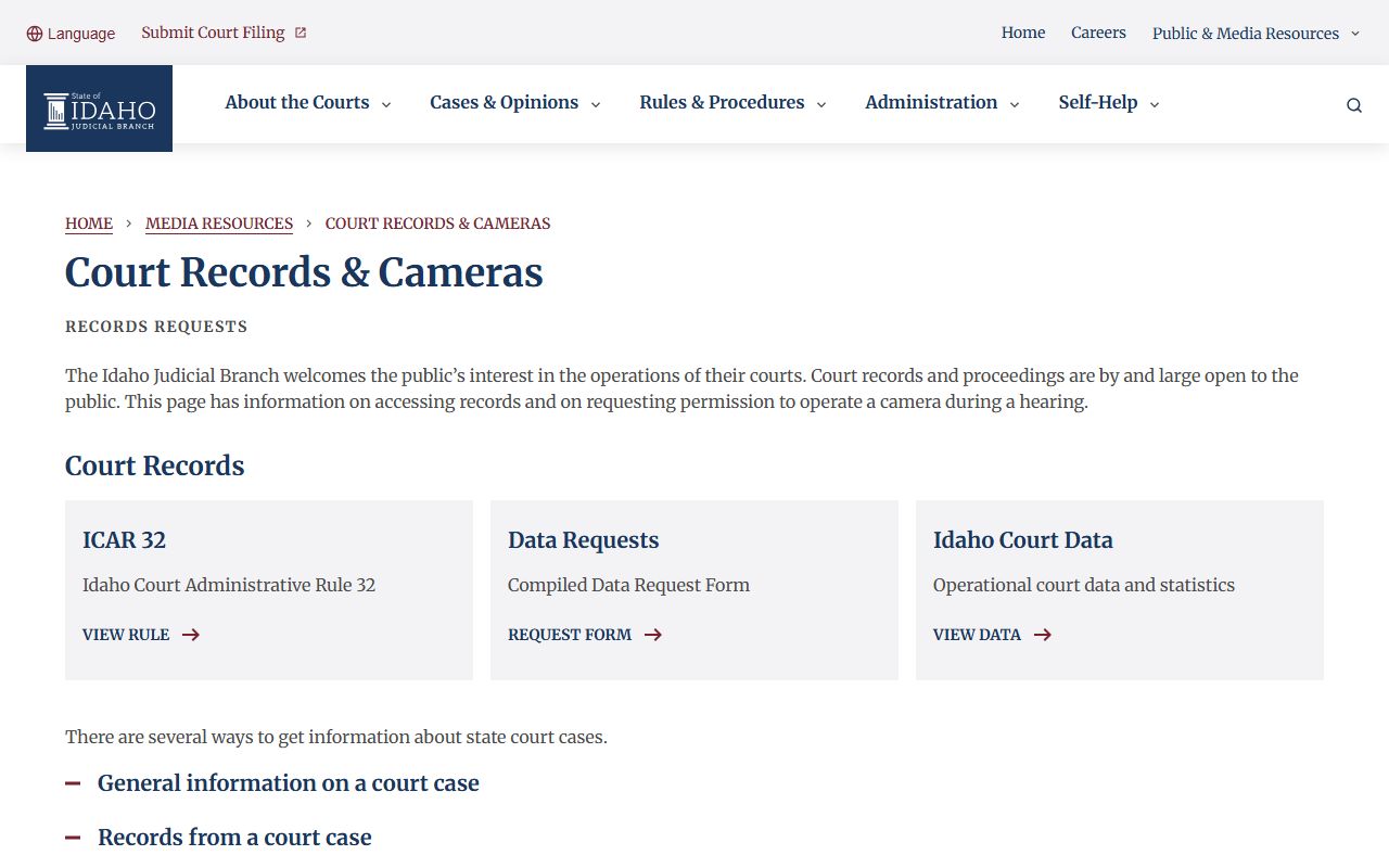 Idaho Judicial Branch court records page for iCourt and clerk requests