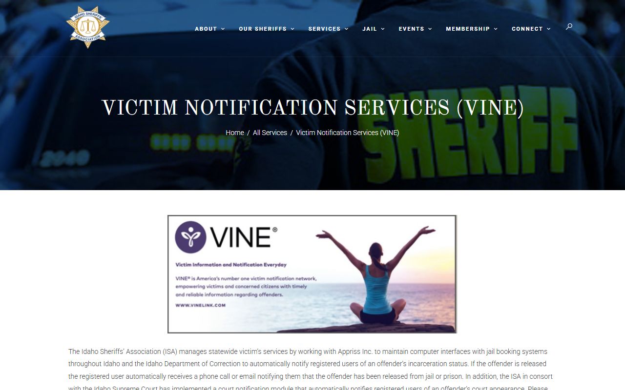 Idaho Sheriffs Association VINE page for statewide jail notifications