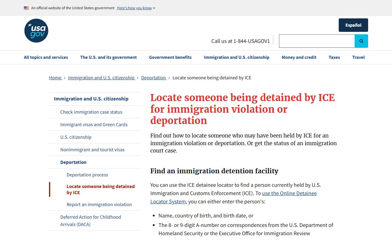 USAGov instructions for ICE detainee locator searches