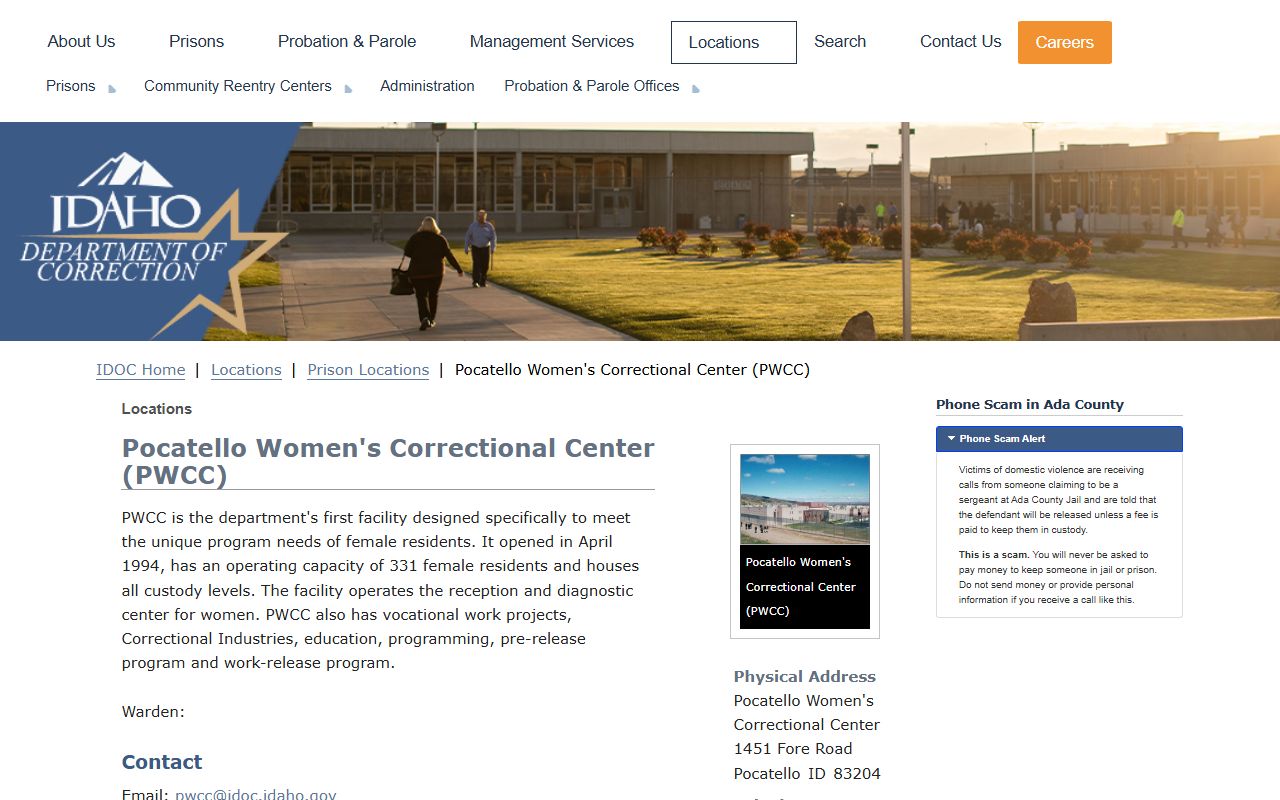 Pocatello Women's Correctional Center facility detail page